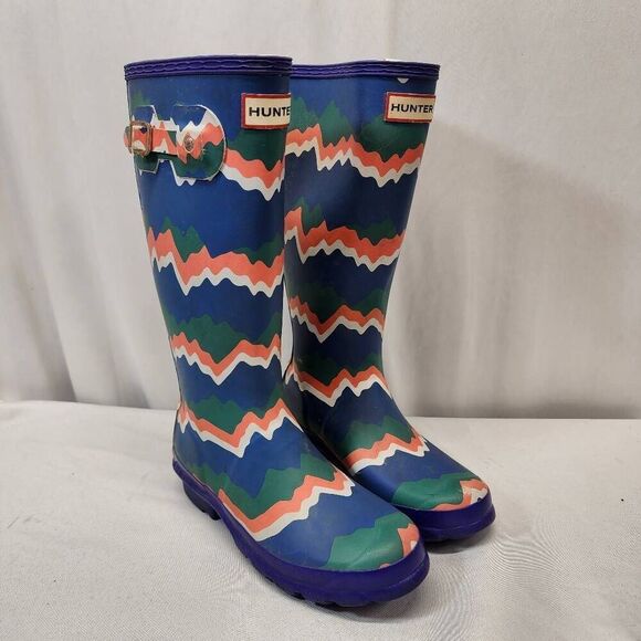 Hunter Kids First Storm Stripe Electric Rain Boots Size 4B/5G Green Blue Boys Gi - Picture 1 of 14